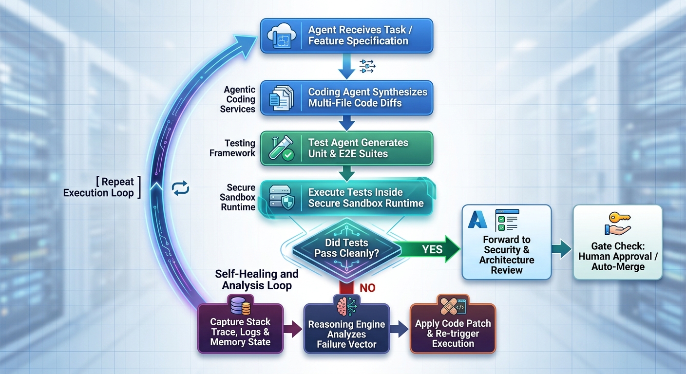 Closed-loop self-healing runtime diagram showing an agent receiving a task, synthesizing code diffs, generating and executing tests in a secure sandbox, and a self-healing analysis loop before human approval
