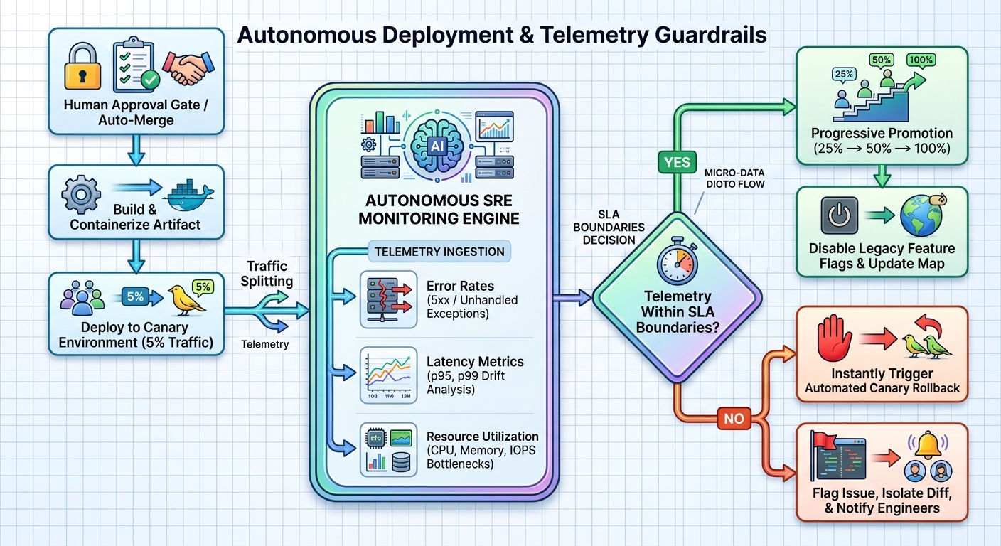 Autonomous deployment and telemetry guardrails diagram showing canary deployment, an autonomous SRE monitoring engine, SLA-boundary decisions, progressive promotion, and automated rollback