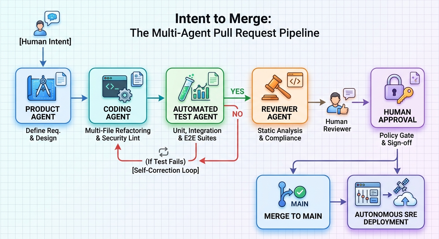 Intent to merge pull request pipeline diagram showing product, coding, test, and reviewer agents with a self-correction loop, human approval, merge to main, and autonomous SRE deployment