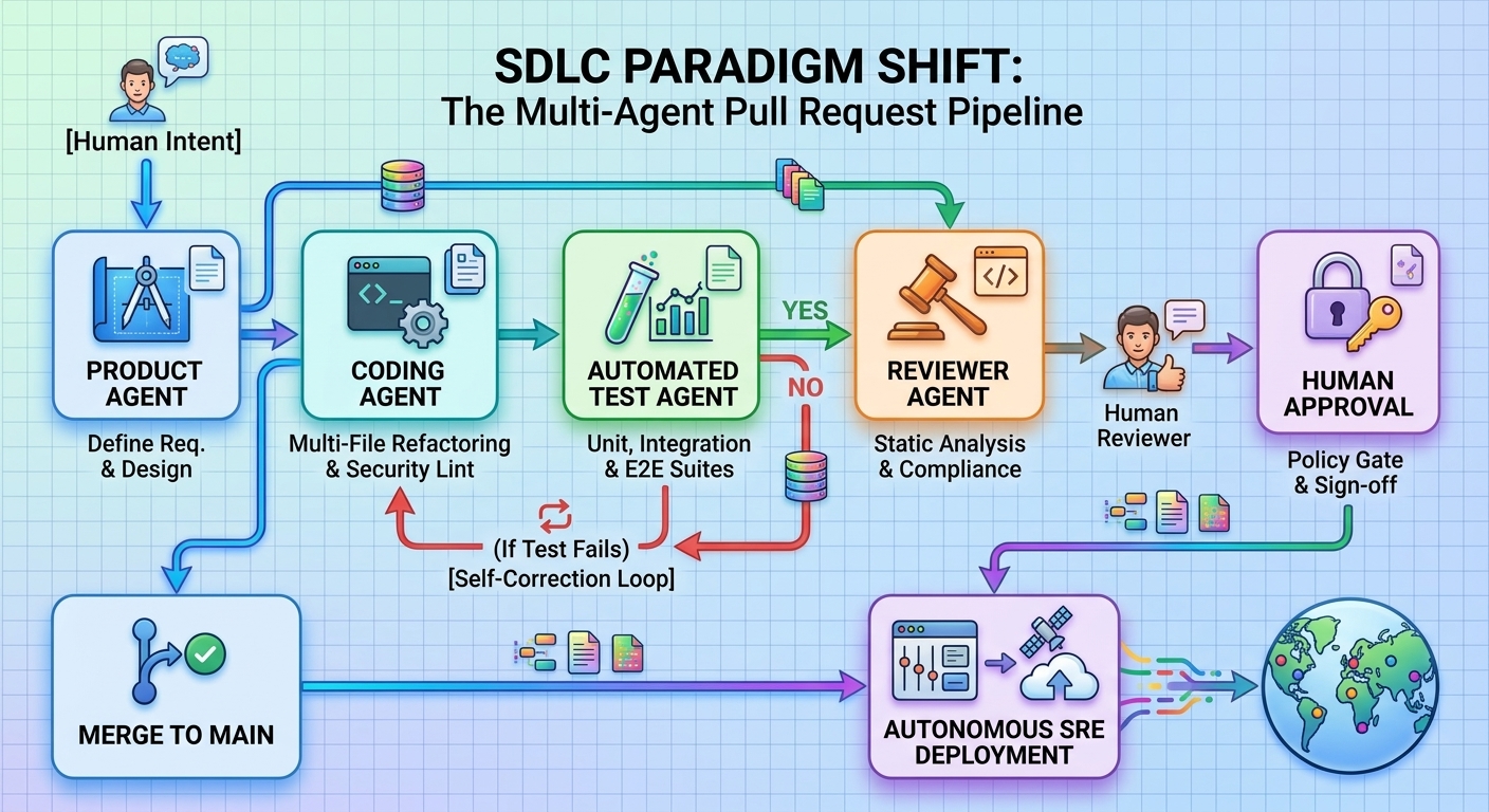 Diagram comparing the traditional linear SDLC pipeline against the agentic SDLC autonomous, closed-loop flywheel