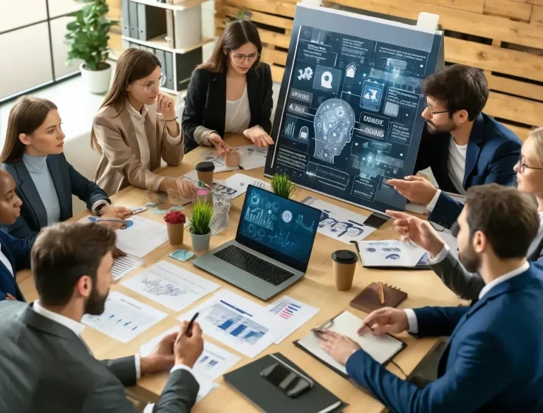 DALL·E-2024-05-19-21.33.00-A-diverse-group-of-professionals-working-on-AI-project-management-in-a-modern-office.-The-team-is-gathered-around-a-table-with-a-laptop-documents-an-1-1024x585